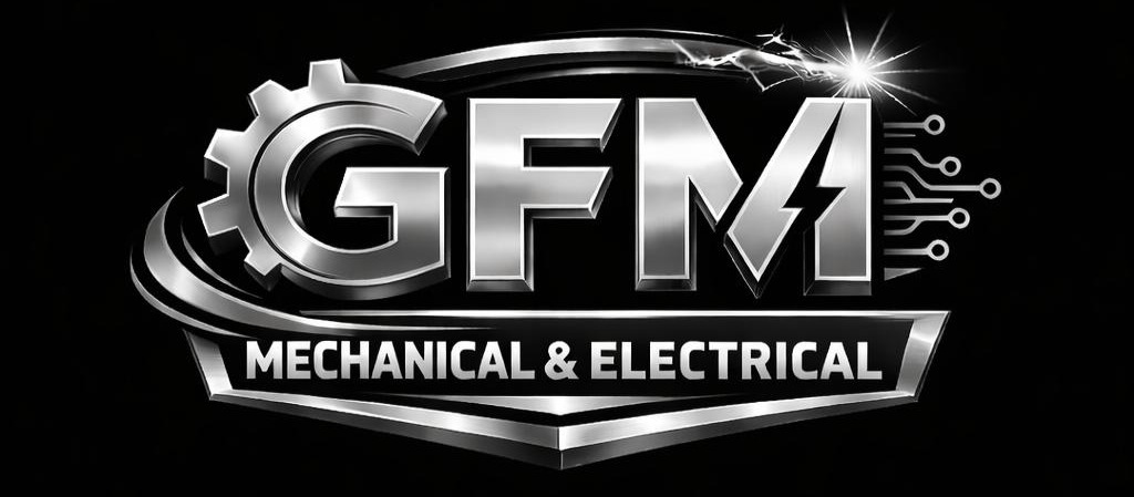 Logo for "GFM Mechanical & Electrical" in metallic letters. The "G" features a gear, and the "M" has a spark on top. Circuit lines and a swoosh surround the text on a black background.