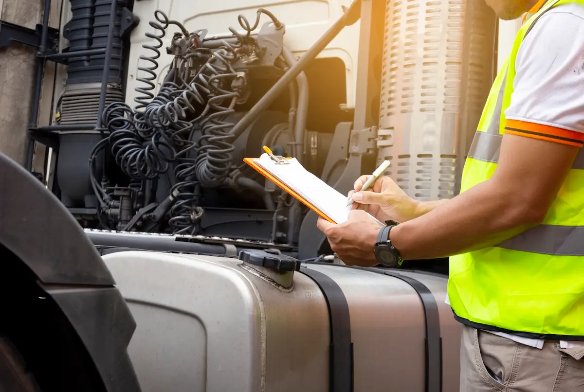 A person in a yellow safety vest writes on a clipboard next to a large truck's engine and fuel tank. Coiled cables are visible against the truck's metallic surface. The person is holding a pen and wears a watch.