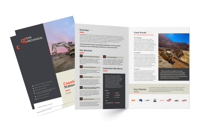 Three mechanical company brochures are open, featuring images of heavy machinery, service descriptions, and case studies. The design includes logos, sections about diesel mechanical services and industries, and pictures of construction equipment on a job site.
