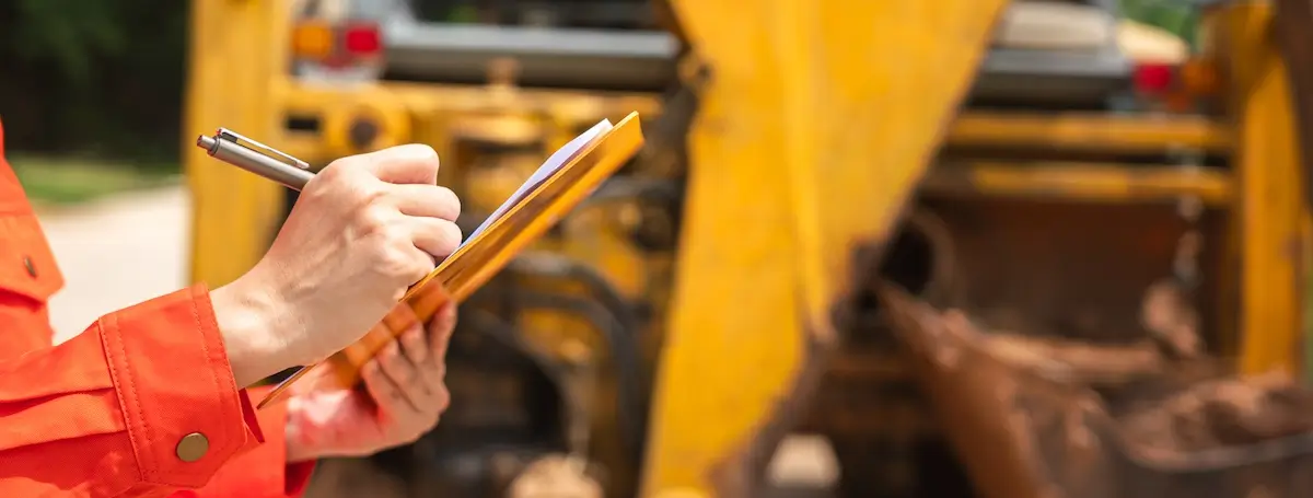A person in an orange work uniform writes on a clipboard, standing in front of a yellow construction vehicle. The image focuses on the person's hands and the machinery in the background.