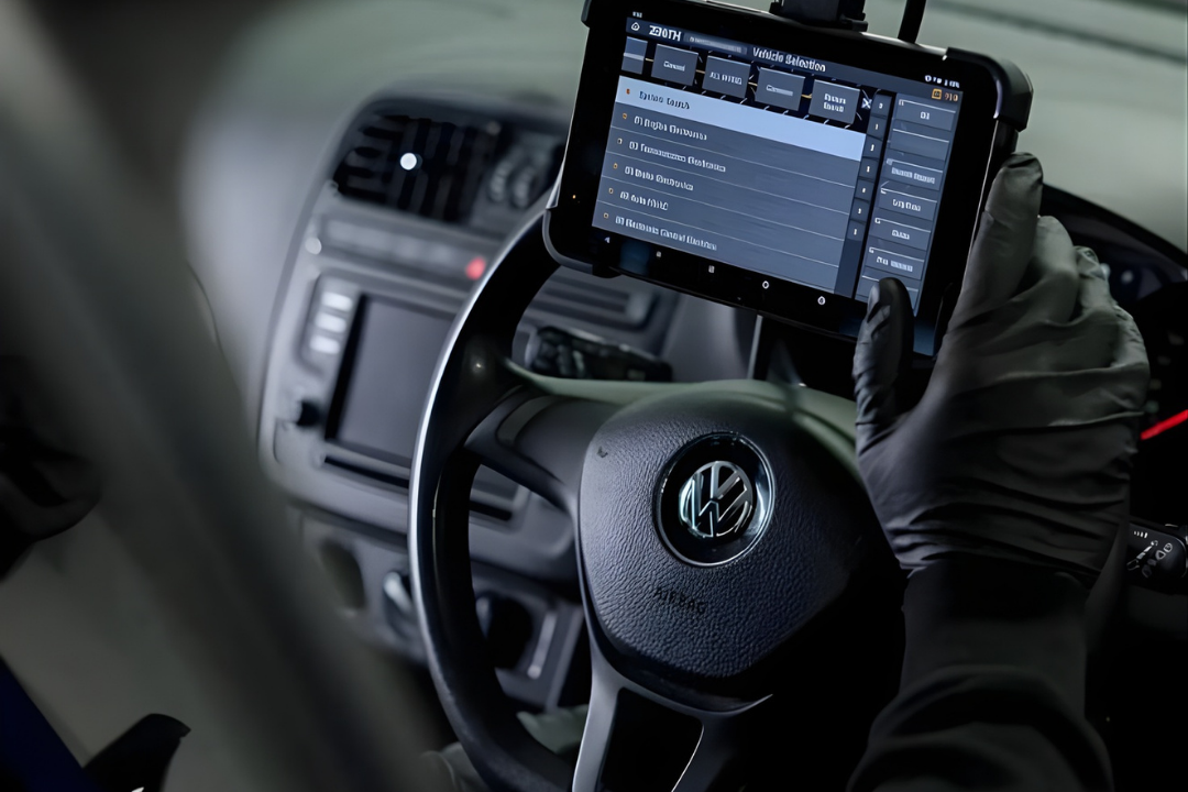 A person wearing black gloves holds a tablet showing diagnostic software in front of a Volkswagen steering wheel inside a car.