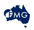 Logo depicting a navy blue silhouette of Australia with white letters "F" and "MG" inside it.