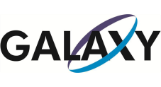 The image shows the word "GALAXY" in bold black letters. An elliptical swoosh, half purple and half blue, encircles the text diagonally from the bottom left to the top right. The background is white.
