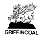 Black and white logo of a griffin with wings spread, standing on a rock. Below the image, the text reads "GRIFFINCOAL.