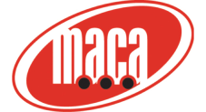 Logo of "maca" with lowercase white letters inside a red oval. Below the letters, there are three black circles. The background is white.