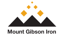 Logo of Mount Gibson Iron, featuring three black mountain-like shapes with six orange diamonds above. The text "Mount Gibson Iron" is below the graphic.