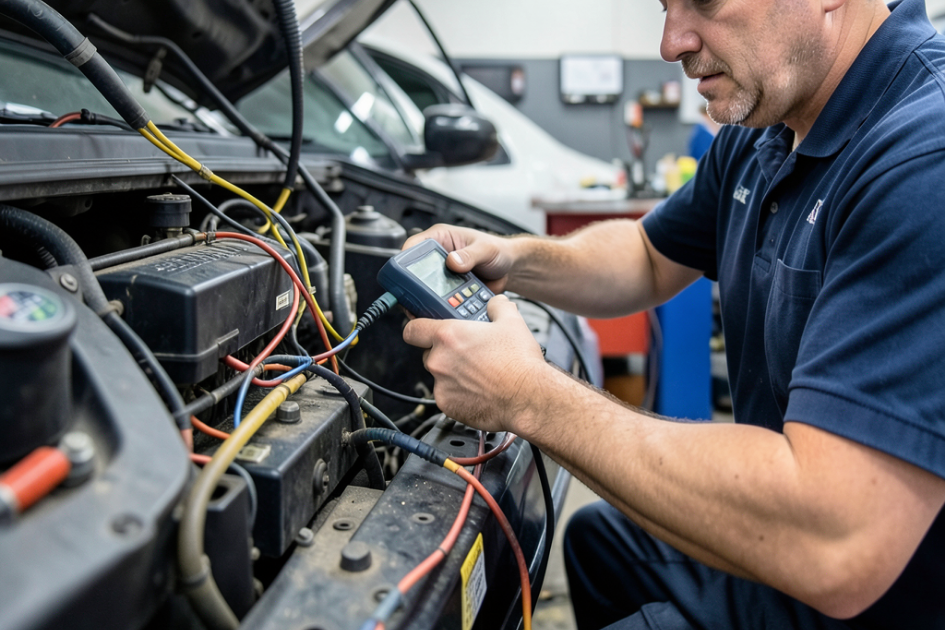 A mechanic uses a diagnostic tool to check the battery and electrical system of a car, with various wires connected under the hood in an auto repair shop offering diesel mechanical services.