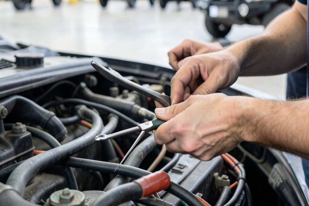 A person’s hands holding wrenches while working on a car engine, surrounded by various wires and engine components, showcasing expert diesel mechanical services under the hood.